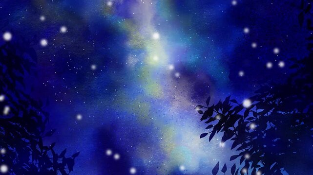  蛍。水彩画の背景に白い光が上っていくアニメーション動画。ループ。