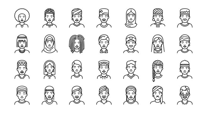 Diverse collection of people icons representing various ethnicities cultures and professions in a clean outline style