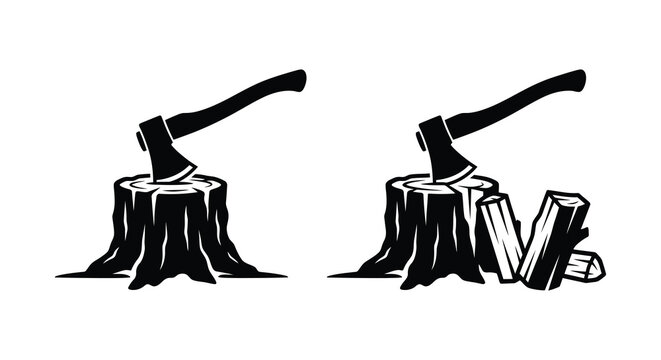 axe embedded in tree stump silhouette cutting logging forestry black white contrast graphic vector illustration tool