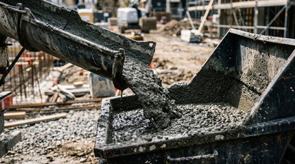 Fototapeta premium Close-up of wet concrete pouring from a concrete mixer truck into a concrete pump hopper, minimalist industrial process at a construction site
