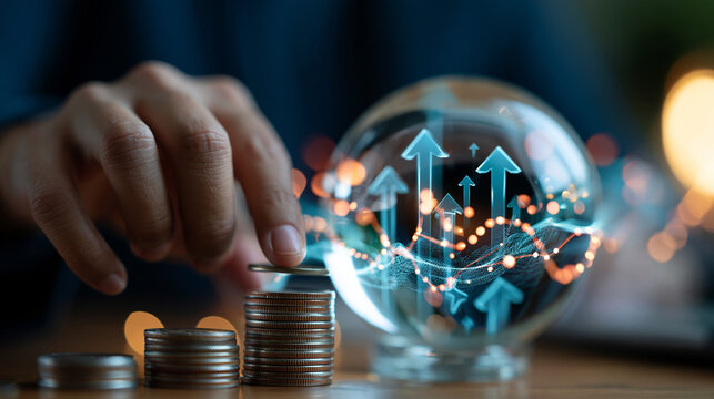 Stacking coins beside a glass globe with abstract upward arrows and financial graph overlay, professional studio lighting, wealth management, compound interest, global investment, financial