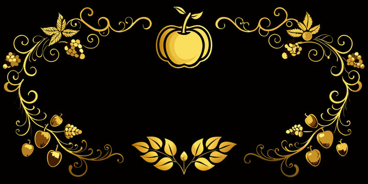 Ornate golden border with apple and grape vine, vector