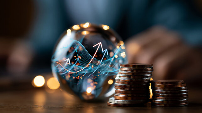 Stacking coins beside a glass globe with abstract upward arrows and financial graph overlay, professional studio lighting, wealth management, compound interest, global investment, financial