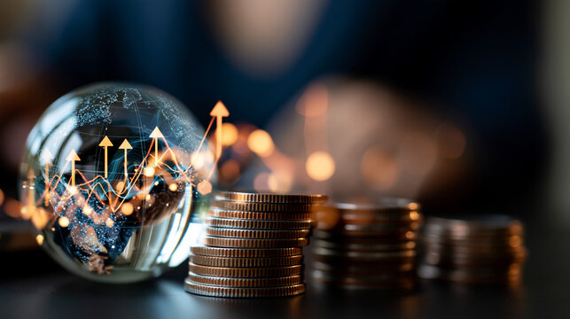 Stacking coins beside a glass globe with abstract upward arrows and financial graph overlay, professional studio lighting, wealth management, compound interest, global investment, financial