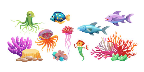 Obraz premium Underwater sea creatures and coral reef design elements set, vector