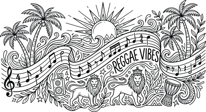 Reggae music doodle vector for tropical beach festival poster template