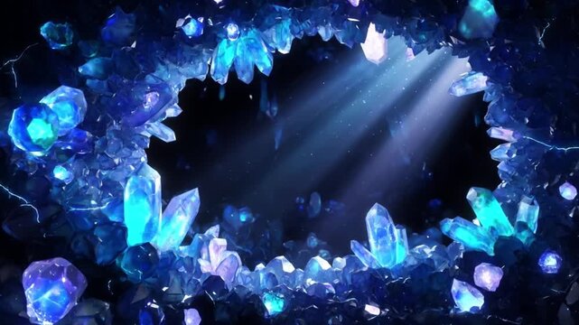 Blue crystal cave glowing softly, magical abstract background seamless loop