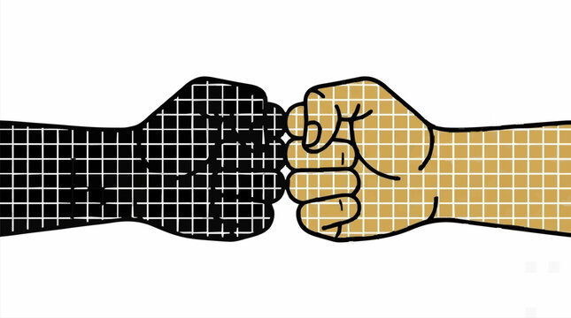 Two contrasting fists performing a fist bump gesture as a symbol of unity, agreement, teamwork, and social partnership, illustrated in a clean, minimalist flat design vector graphic style.
