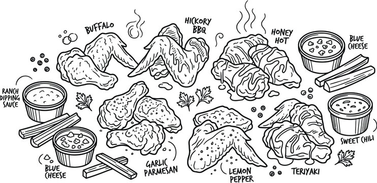 Chicken wings doodle vector for restaurant menu food poster design