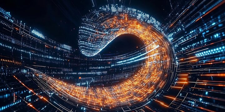 Abstract digital vortex with binary code and glowing particles swirling effect.