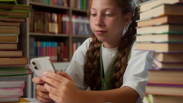 Gadget addicted Caucasian preteen child girl kid using mobile phone chat at school class near two big piles with books little pupil daughter schoolkid scrolling smartphone overuse boring in library