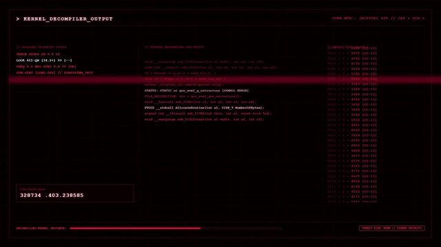 Red Kernel Decompiler Output Interface With Computer Code And Reverse Engineering Data On Black Screen.