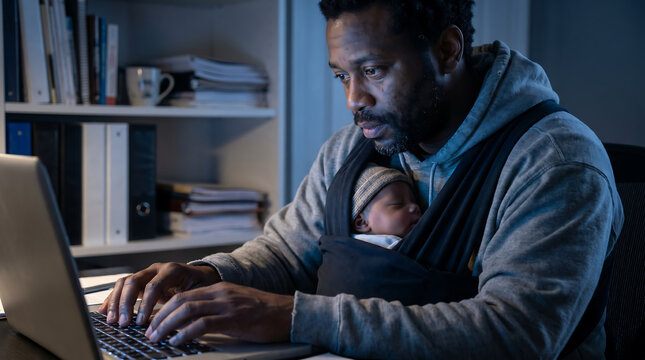 Tired dad working late on computer with newborn baby in arms