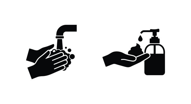 hand washing and sanitizing steps silhouette hygiene healthcare cleaning disinfectant soap water sanitizer instruction signage medical