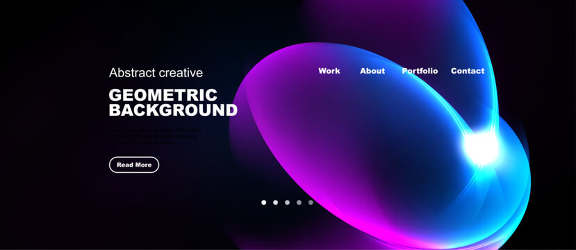 Dark website mockup features vibrant abstract shapes, text, navigation menu. Modern design with read more button visible.