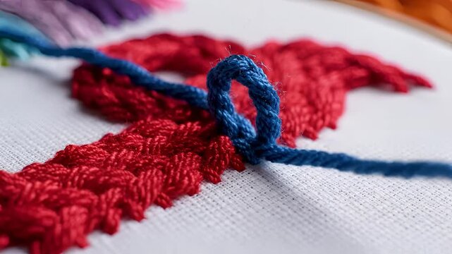 Closeup of hand embroidering a red heart shape with blue thread.