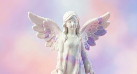 Obraz premium Delicate white porcelain angel statue with pastel purple and pink glazed wings on soft background.