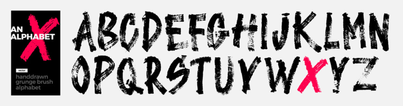 Handwritten font alphabet with a distressed, grunge texture. Each letter is unique, showcasing a bold, expressive style. 
