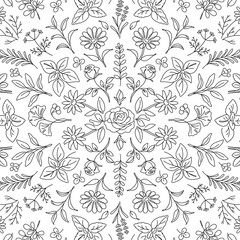 Fototapeta premium Botanical Floral Herbal Line Art Seamless Pattern