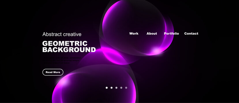 Dark background features vibrant purple blobs. Text highlights geometric design, navigation options present. Simple button invites further exploration.