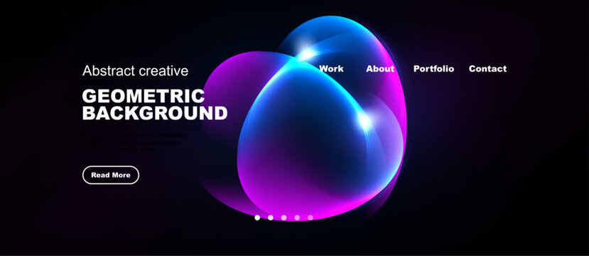 Dark background features vibrant abstract shapes, text elements, navigation options. Modern design promotes creativity, geometric patterns.