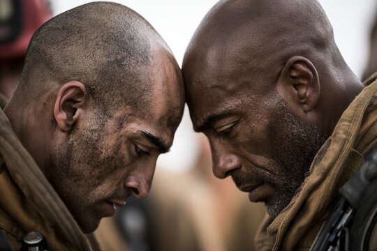 Two exhausted soldiers with dirt-covered faces in close moment