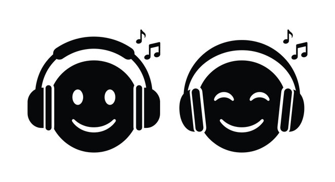 smiling faces with headphones silhouette music notes black white background icon emoji expression joy fun entertainment