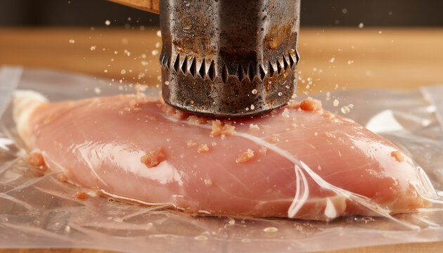 Macro shot of a heavy metal meat tenderizer hammer pounding a raw chicken breast covered in plastic wrap on a wooden table with tiny juice splatters flying around