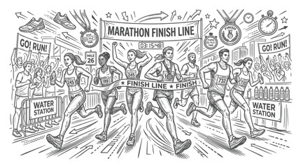 Fototapeta premium Marathon runners crossing the finish line in a detailed black and white hand drawn illustration style