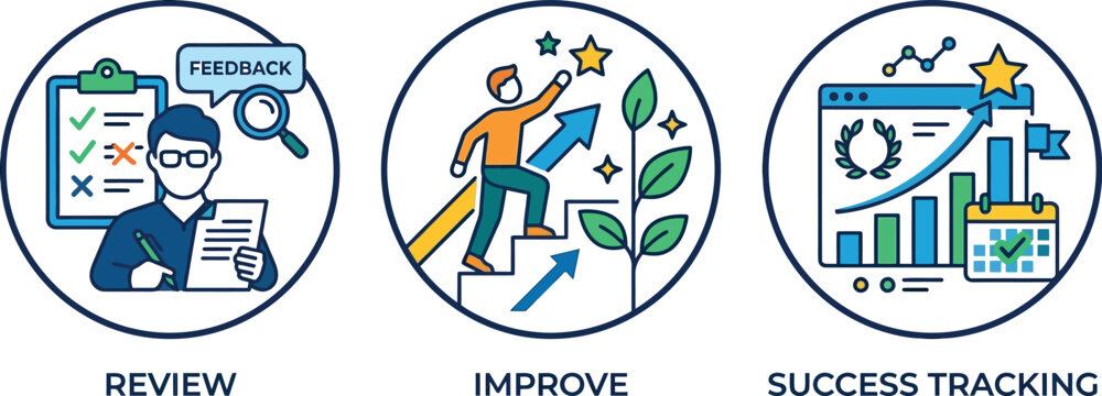 Professional productivity icons represent feedback review and success.
