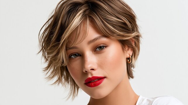 Close-up studio portrait of elegant woman with a complete brown and blonde bixie hairstyle fully shown in frame, rich brunette base with golden blonde face-framing pieces, razor-sharp textured ends