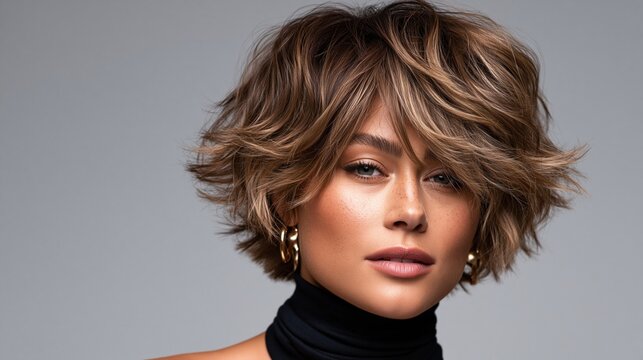 Sophisticated woman showcasing a flawless brown and blonde bixie cut, entire haircut visible in shot, dimensional color deep espresso roots blending into sandy blonde tips, voluminous layered texture
