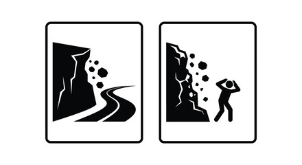 Fototapeta premium roadside rockfall warning signs silhouette black white danger unsafe area cliff rocks falling pathway travel safety