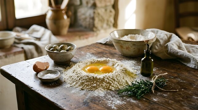 Traditional Baking Preparation with Fresh Egg Yolks in a Well of Flour on a Rustic Wooden Table Quail Eggs Olive Oil and Rosemary Culinary Masterclass Cooking Background
