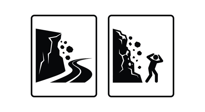 roadside rockfall warning signs silhouette black white danger unsafe area cliff rocks falling pathway travel safety