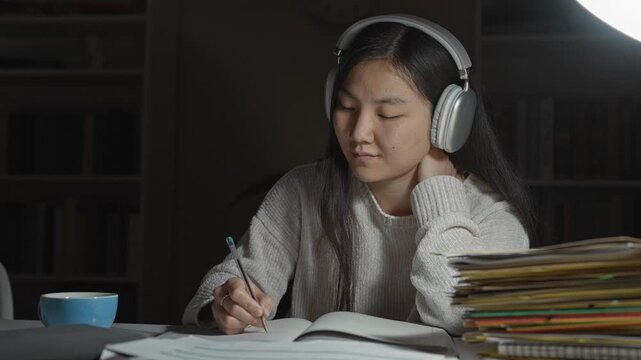 Woman wearing headphones writing in a notebook with hand on paper and one hand at neck in a building study area with stacked folders and cup; concentration study diligence.