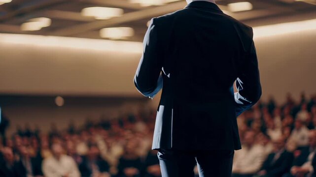Rear view of a businessman applauding his audience after giving an inspiring speech at a conference, receiving a standing ovation in a large auditorium