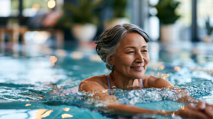Obraz premium A confident Japanese senior woman swims softly in a bright sunny pool during a calm exercise session in soft daylight pool swim open face bright pool daylight workspace