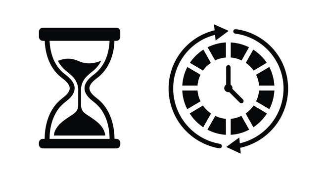 hourglass and clock face silhouette time measurement sand timer circle arrow black white background icon symbol