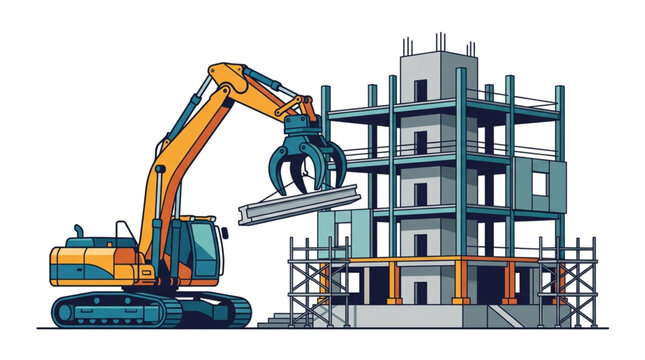 Excavator Demolishing Building Construction Site.