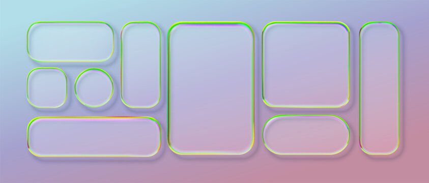 Set of Glass box 3d and button text neon with effect liquid. Web title frame and glass click modern with round ios box. Ui glass lens and transparent button app with black text light.