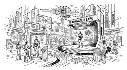 Obraz premium Artificial intelligence innovation expo featuring futuristic robots and data science technology in a detailed line art