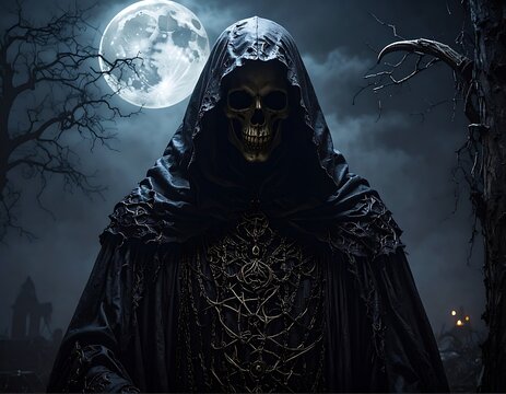 A hooded skeleton stands before a full moon, shrouded in darkness
