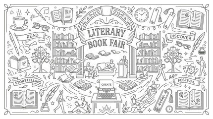 Obraz premium Literary book fair illustration featuring people reading and writing in a library setting with outline style