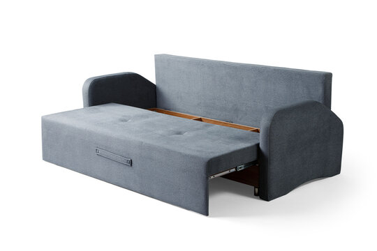 Semi-extended view of a convertible sleeper sofa showcasing the sliding track mechanism and open internal wooden storage base, isolated on a white background.