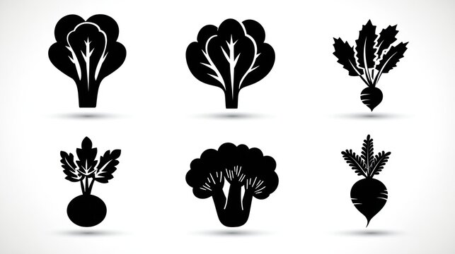 Collection of six distinct leafy green and root vegetable silhouette icons displayed against a light background.
