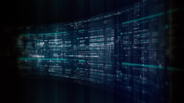 Futuristic data network visualization with glowing digital streams, big data analytics interface, cyber technology background and communication system in curved virtual display