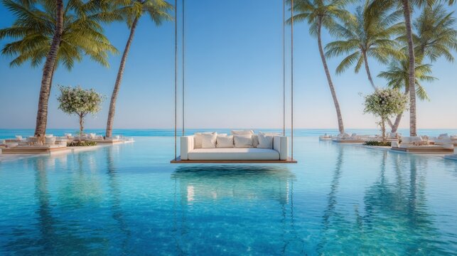 Luxurious seaside resort features an overwater suspended daybed beside a bright infinity pool framed by palm trees.