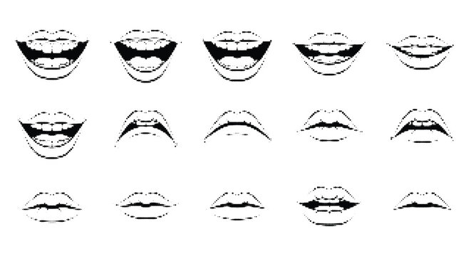 Set of fifteen pixel art mouth expressions, vector illustration showing smiling, surprised, and neutral lip shapes with dots.