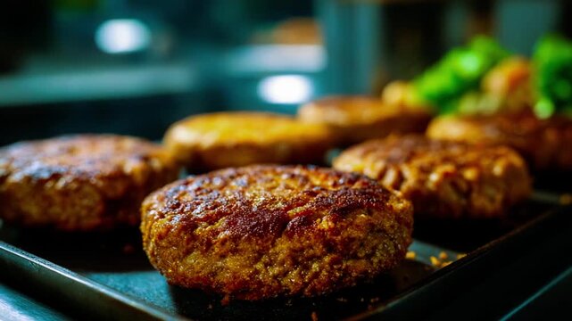 Sizzling ground beef patties cooking on a hot metal griddle in this professional kitchen motion video